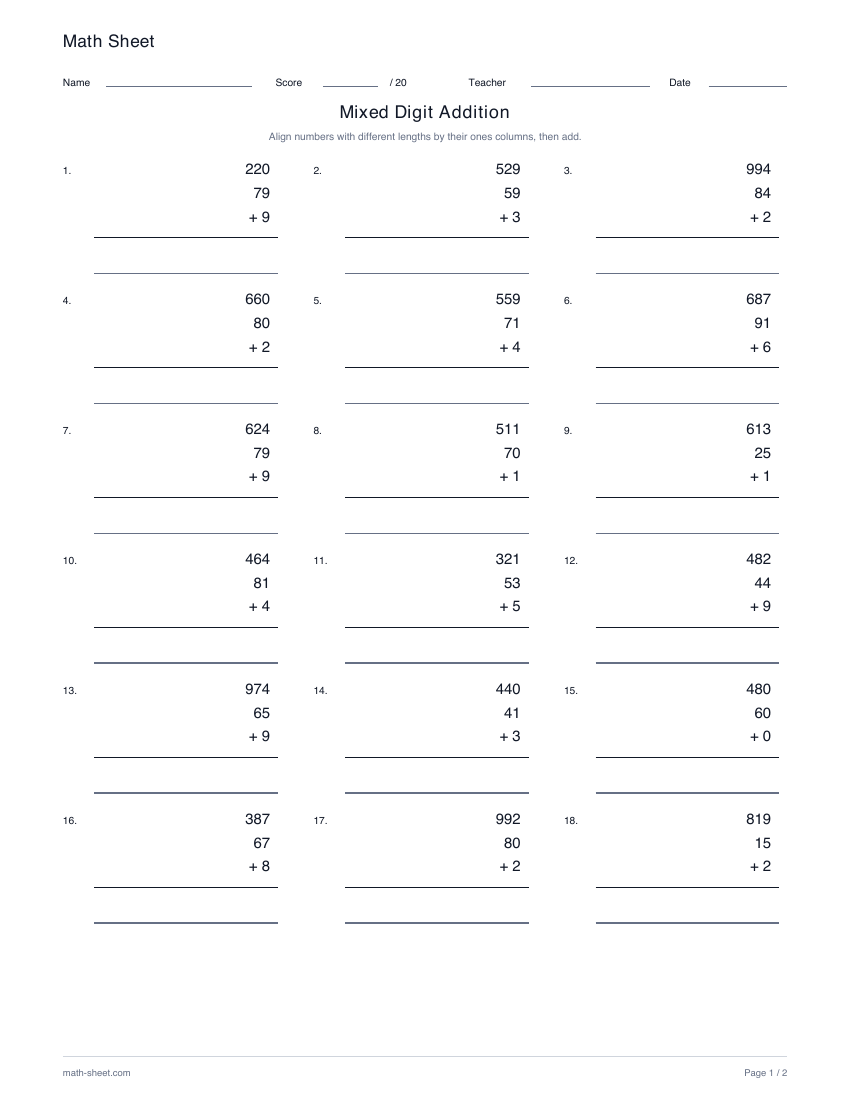 Printable mixed-digit multi-addend addition worksheet preview