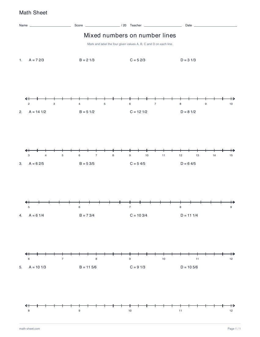 Printable mixed numbers on number lines worksheet preview