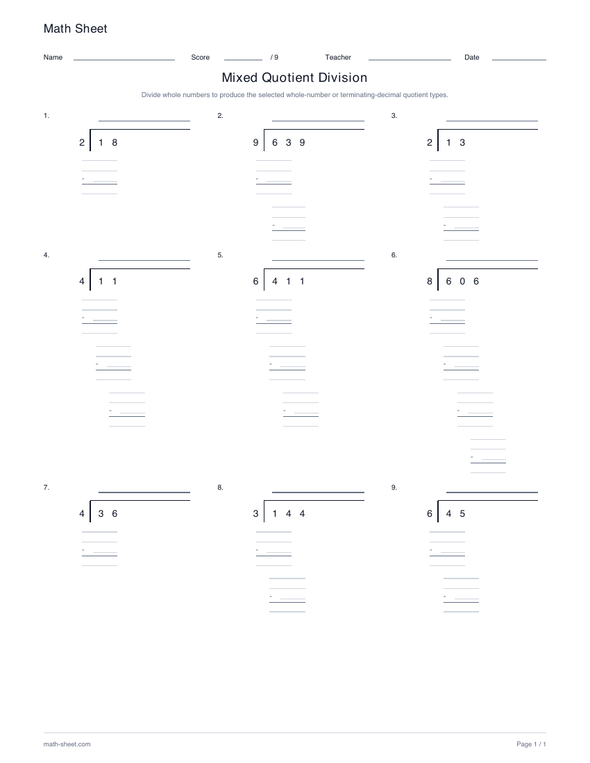 Printable division with mixed quotient types worksheet preview