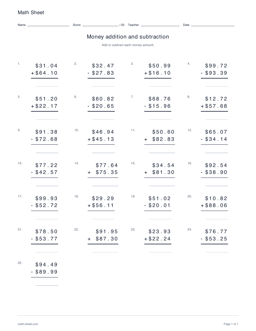 Printable money addition and subtraction worksheet preview