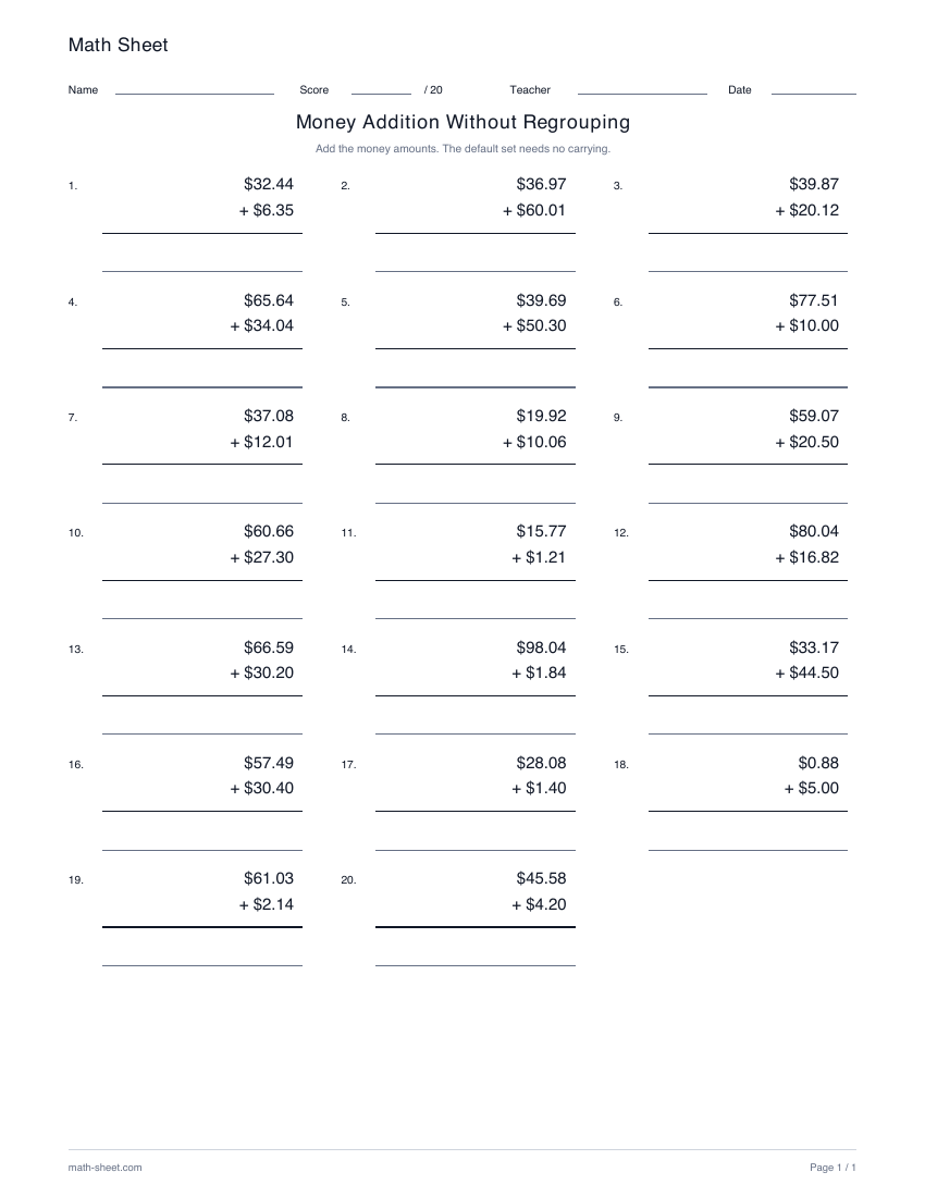 Printable money addition without regrouping worksheet preview