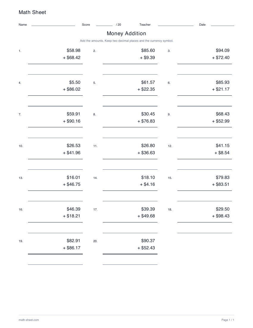 Printable money addition worksheet preview