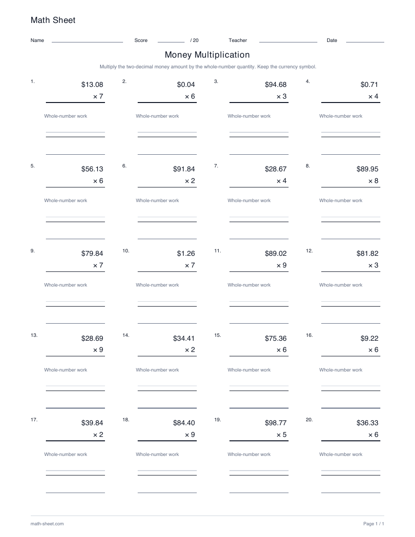 Printable money multiplication worksheet preview