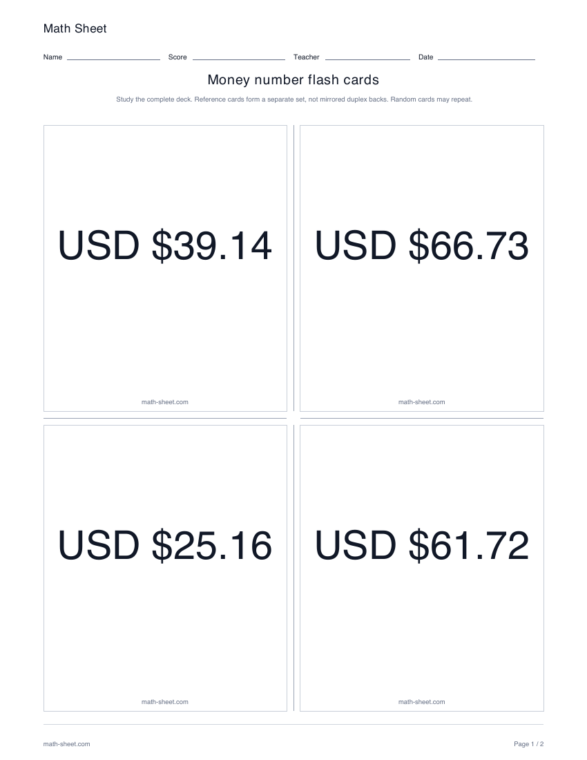 Printable money amount flash cards worksheet preview