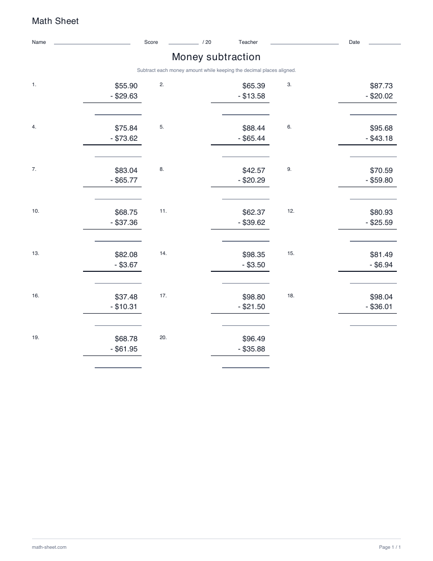 Printable money subtraction worksheet preview