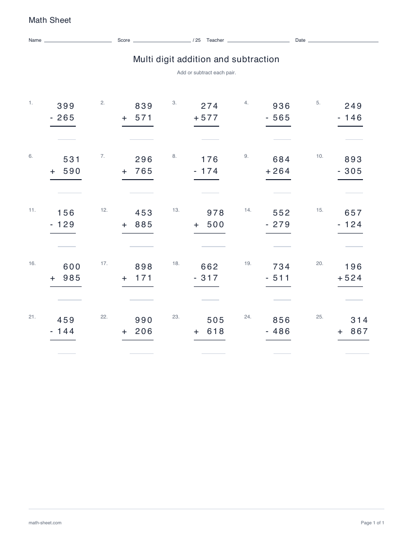Printable multi digit addition and subtraction worksheet preview
