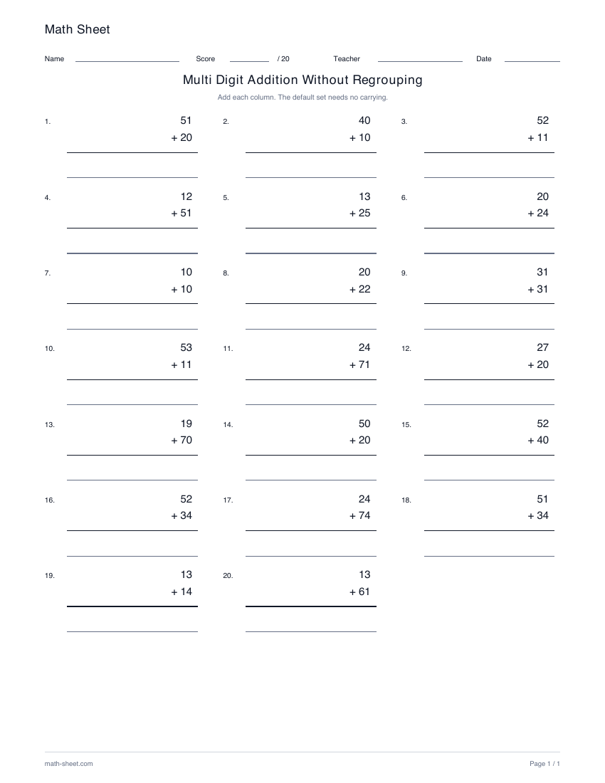 Printable multi-digit addition without regrouping worksheet preview