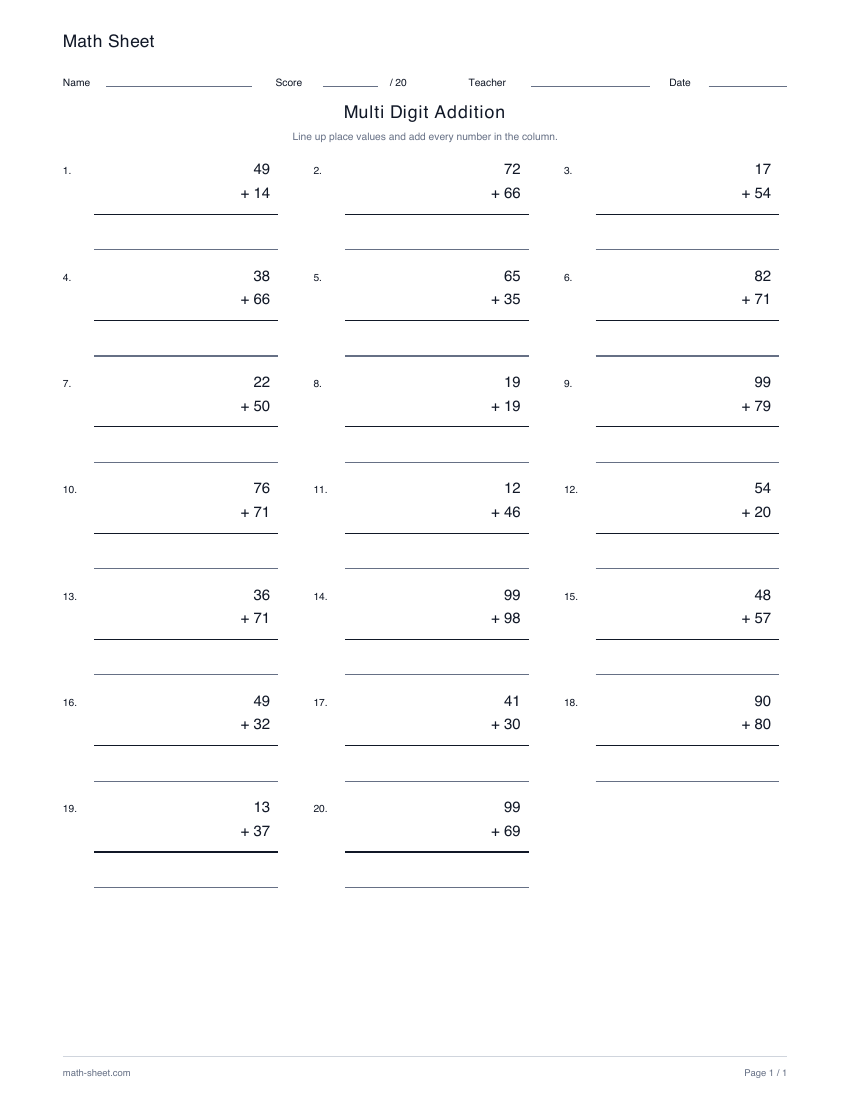 Printable multi-digit addition worksheet preview