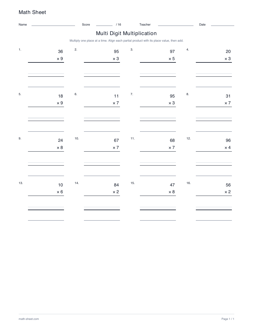 Printable multi-digit multiplication worksheet preview