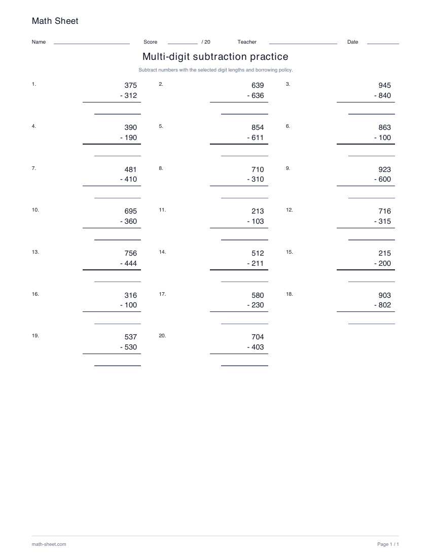 Printable multi-digit subtraction without regrouping worksheet preview