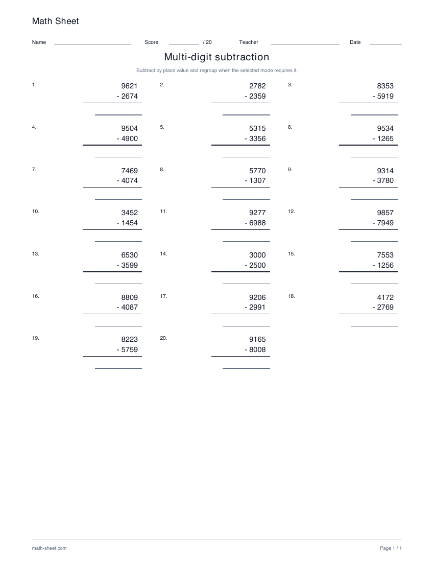 Printable multi-digit subtraction worksheet preview