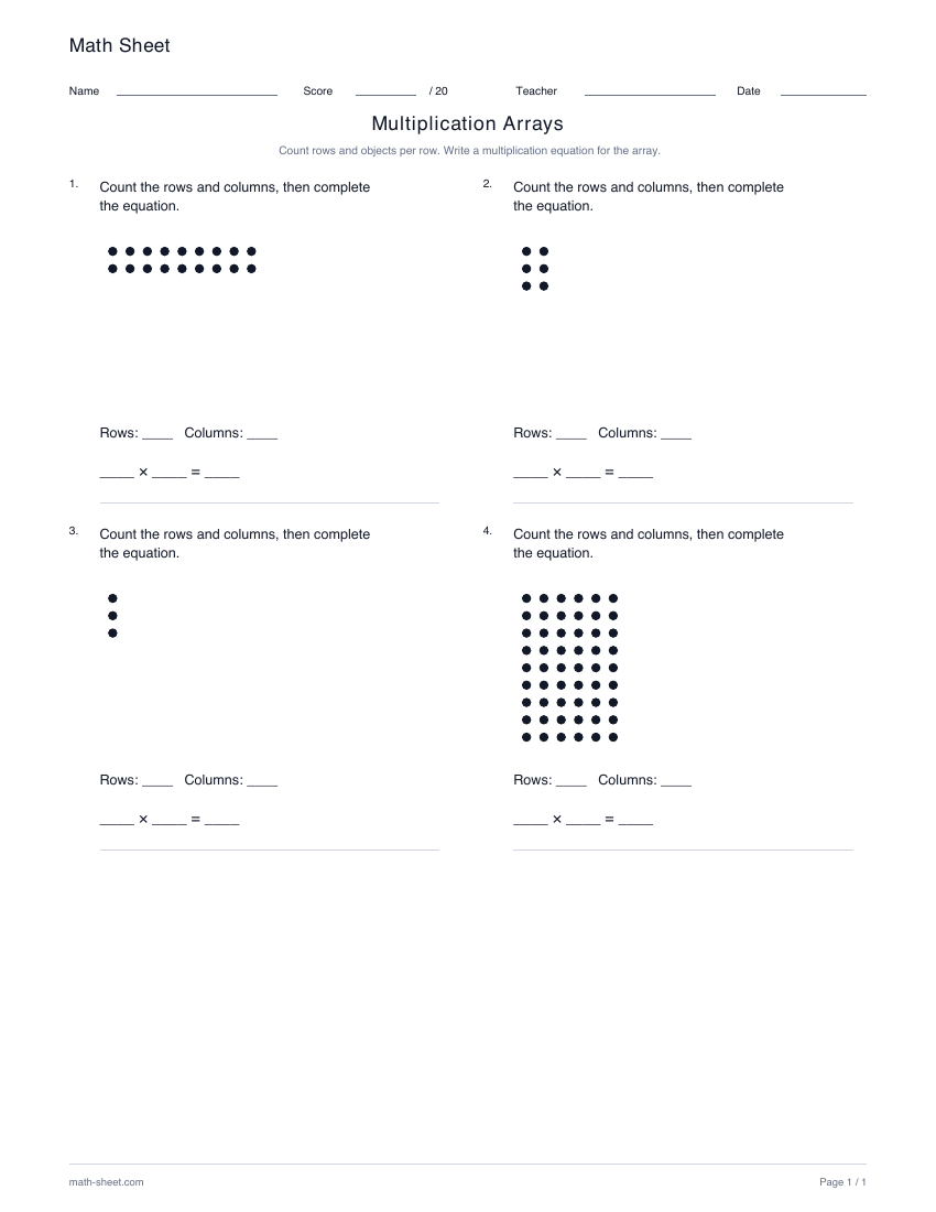 Printable multiplication arrays worksheet preview