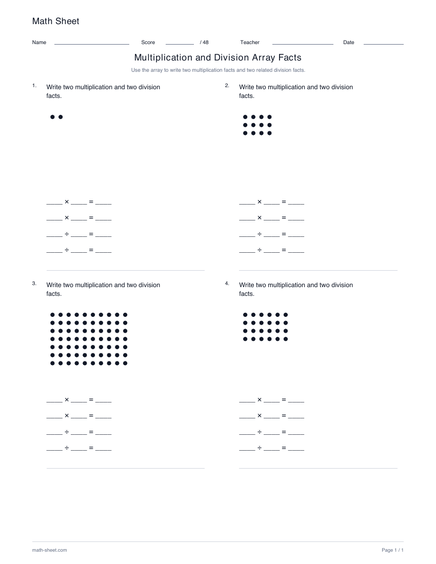 Printable multiplication and division array facts worksheet preview