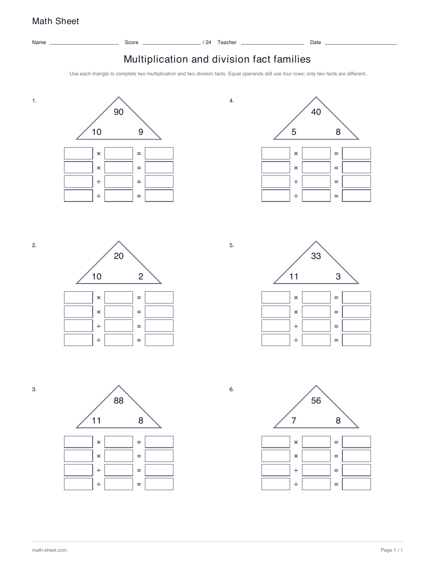Printable multiplication and division fact families worksheet preview