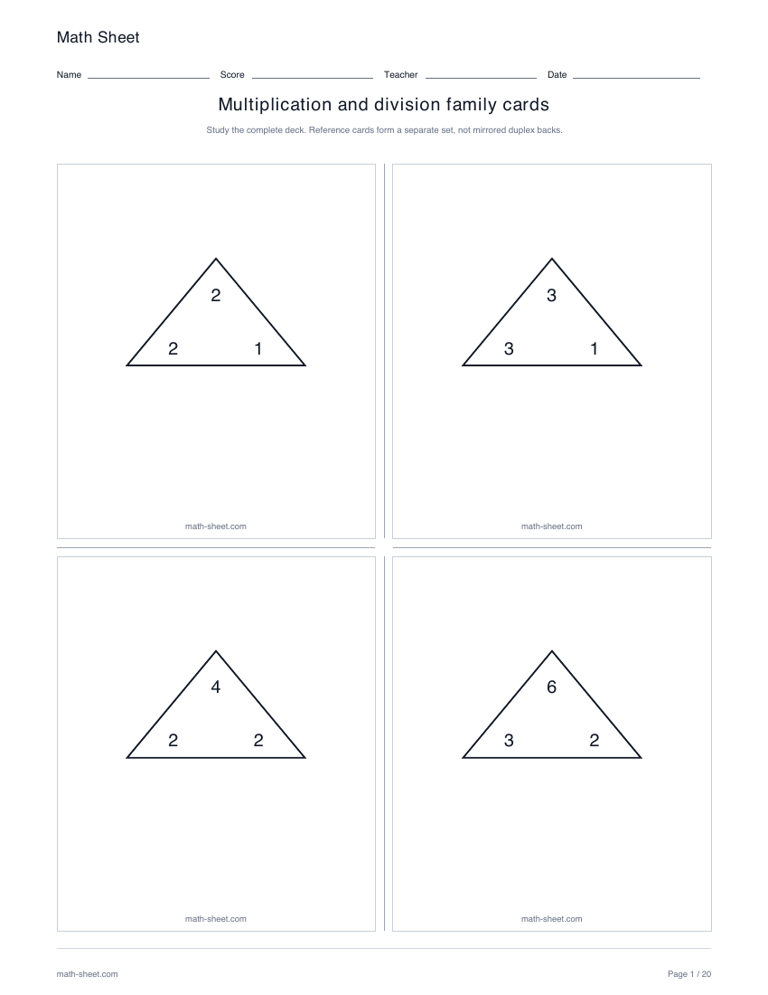 Printable multiplication and division family flash cards worksheet preview