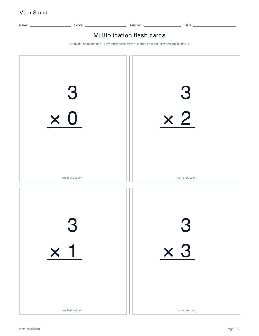 Printable multiplication flash cards worksheet preview