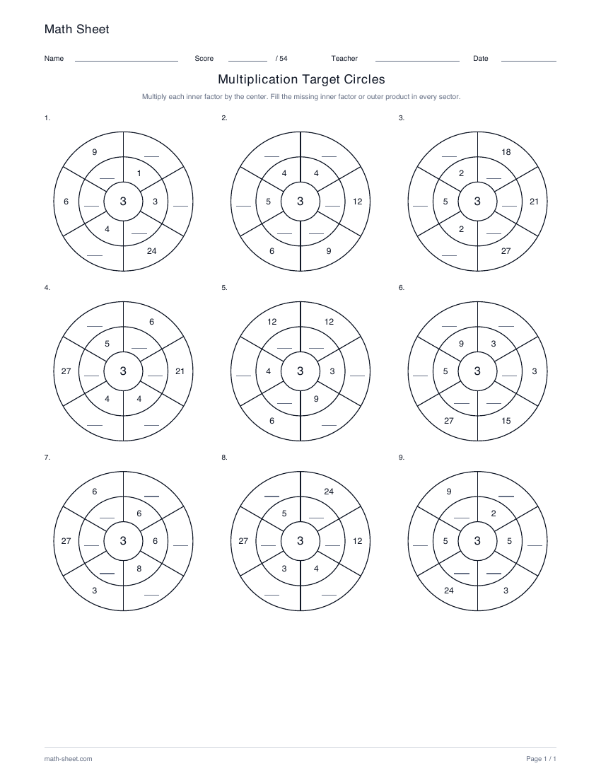 Printable multiplication target circles worksheet preview