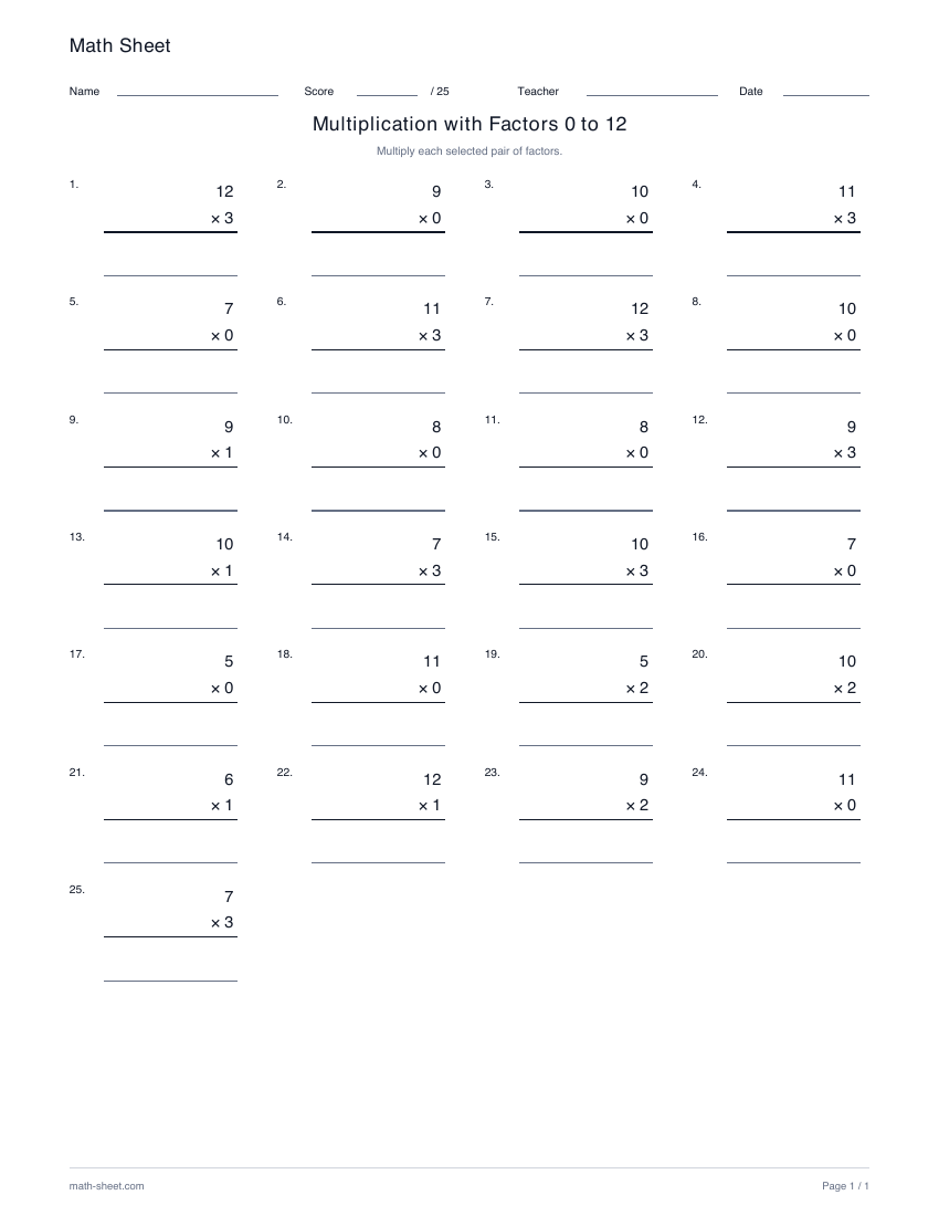 Printable multiplication with factors from 0 to 12 worksheet preview