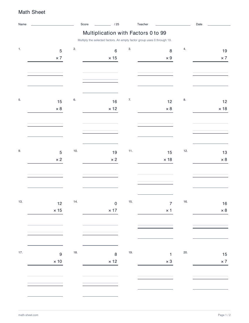 Printable multiplication with factors from 0 to 99 worksheet preview