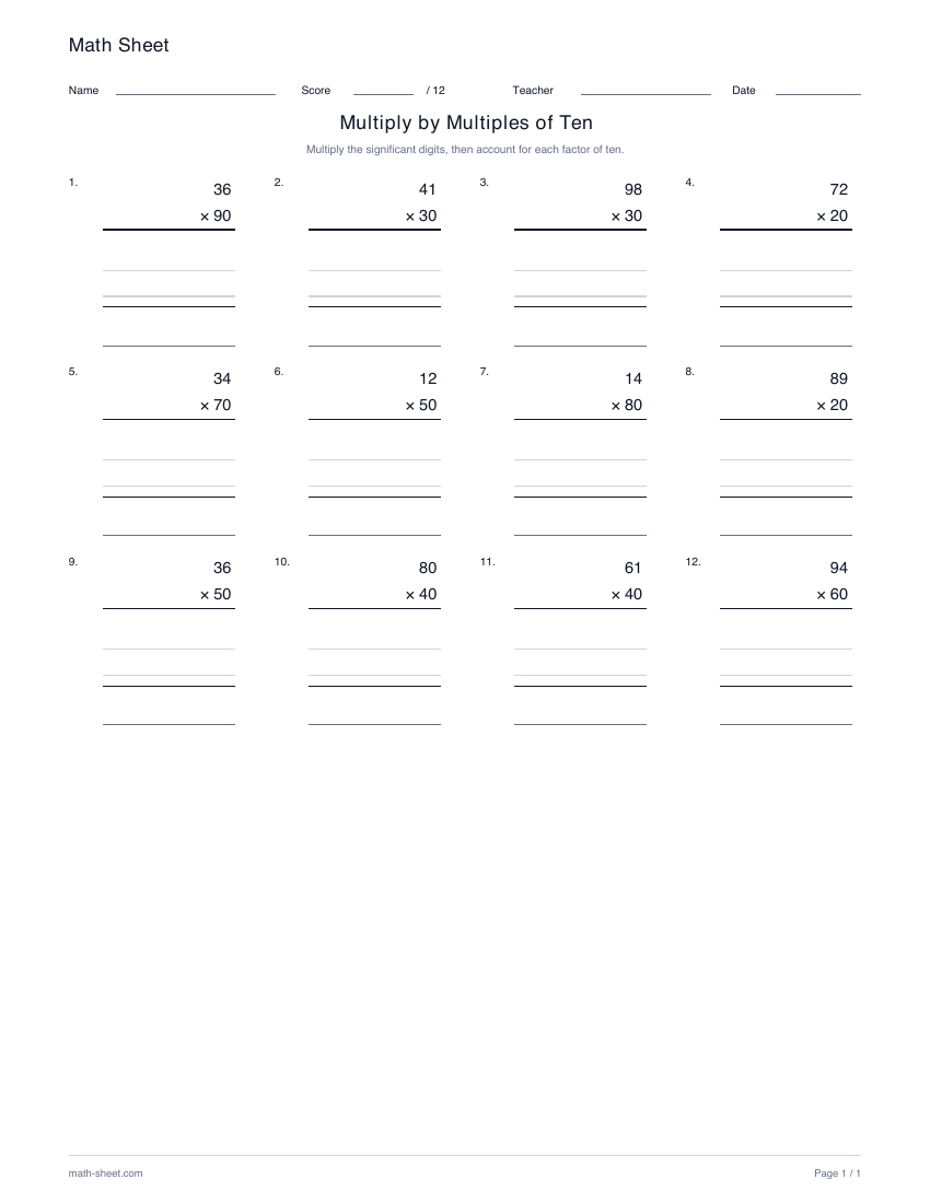 Printable multiply by multiples of ten worksheet preview
