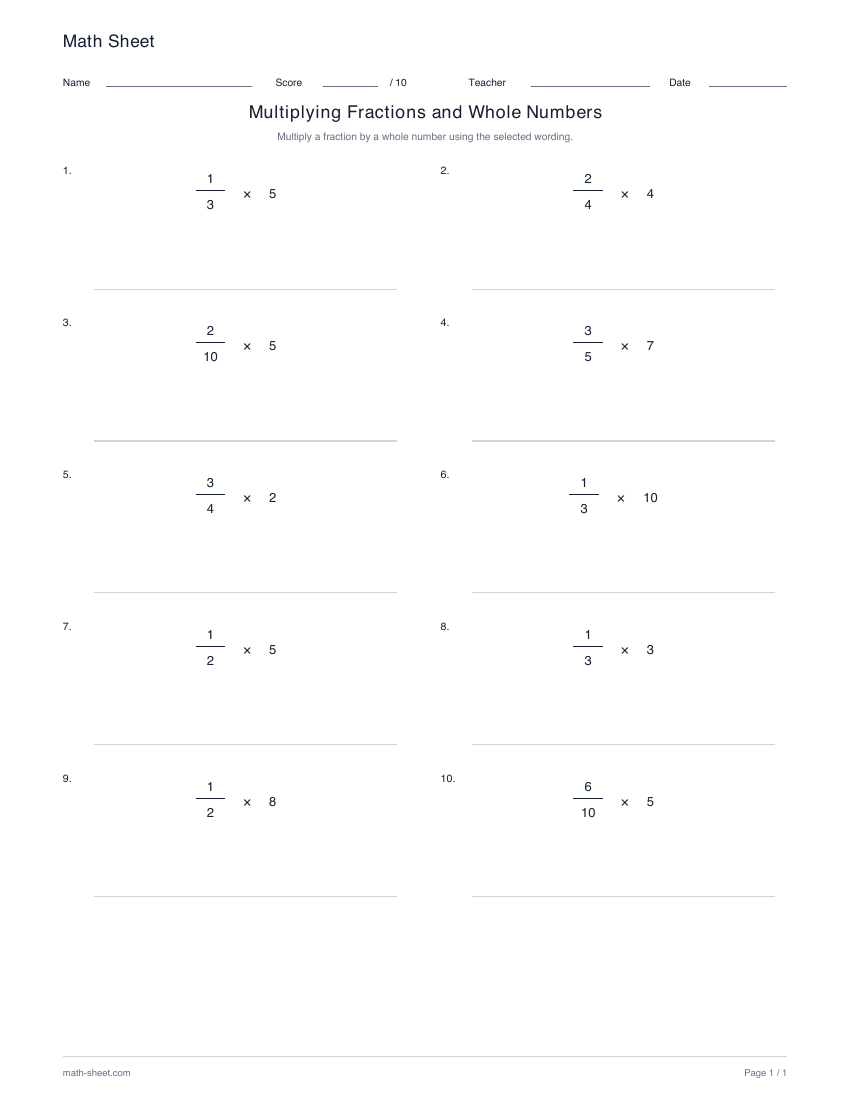 Printable multiply fractions and whole numbers worksheet preview