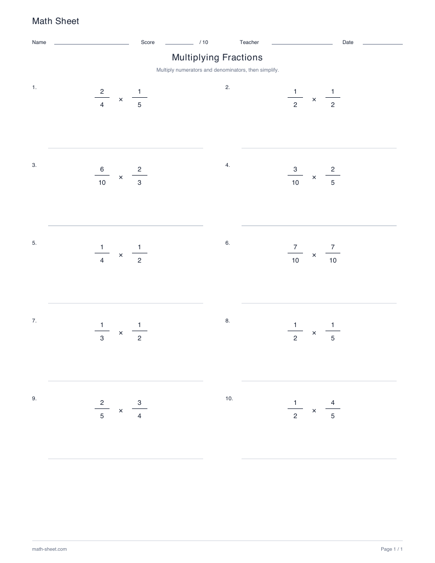 Printable multiplying fractions worksheet preview
