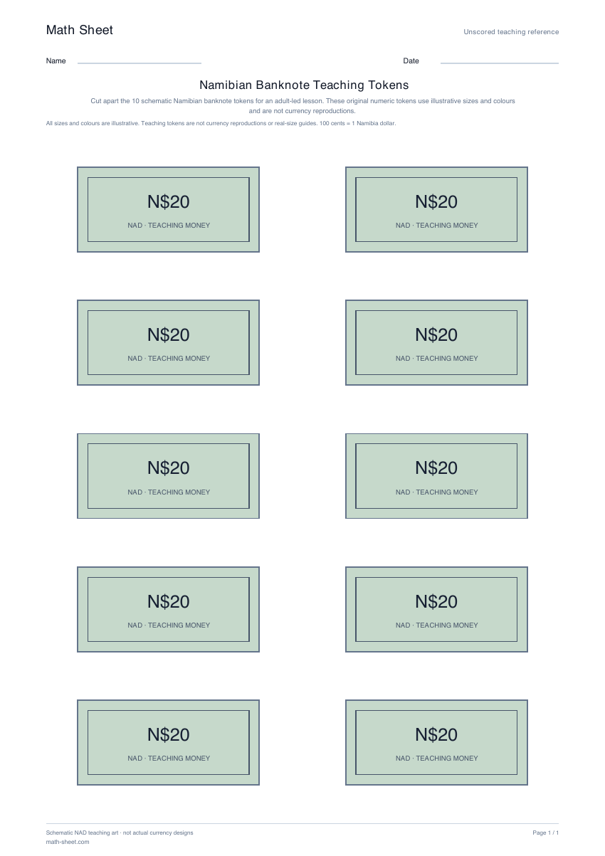 Printable namibian banknote teaching tokens worksheet preview
