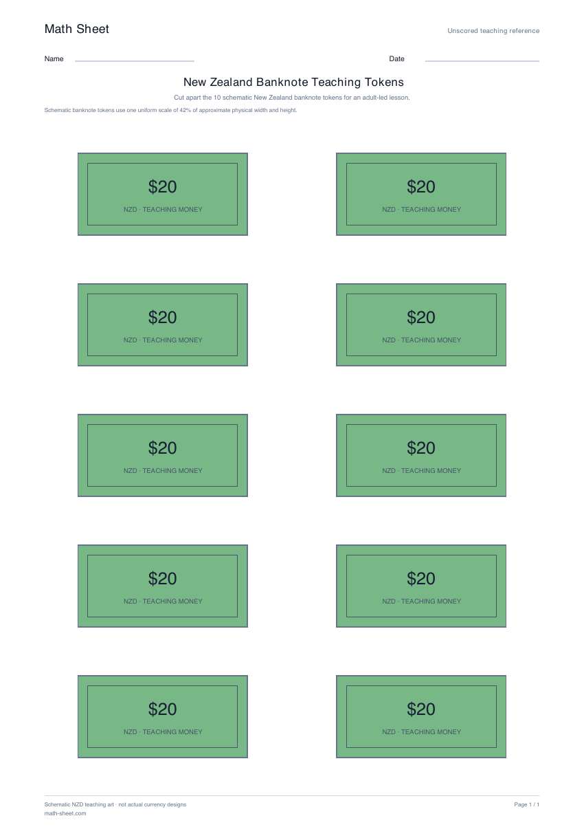 Printable new zealand banknote teaching tokens worksheet preview