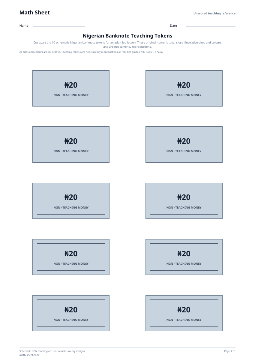 Printable nigerian banknote teaching tokens worksheet preview