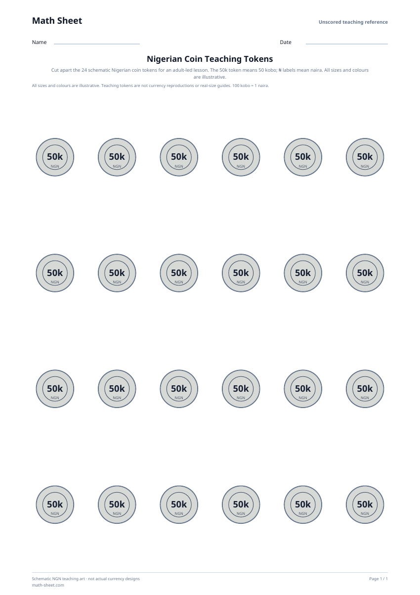 Printable nigerian coin teaching tokens worksheet preview