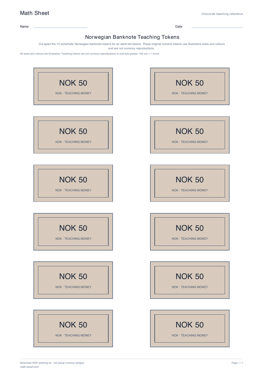 Printable norwegian banknote teaching tokens worksheet preview