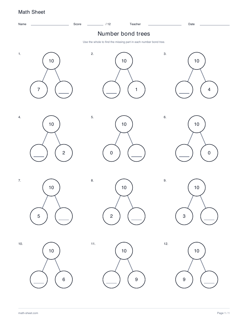 Printable number bond trees worksheet preview