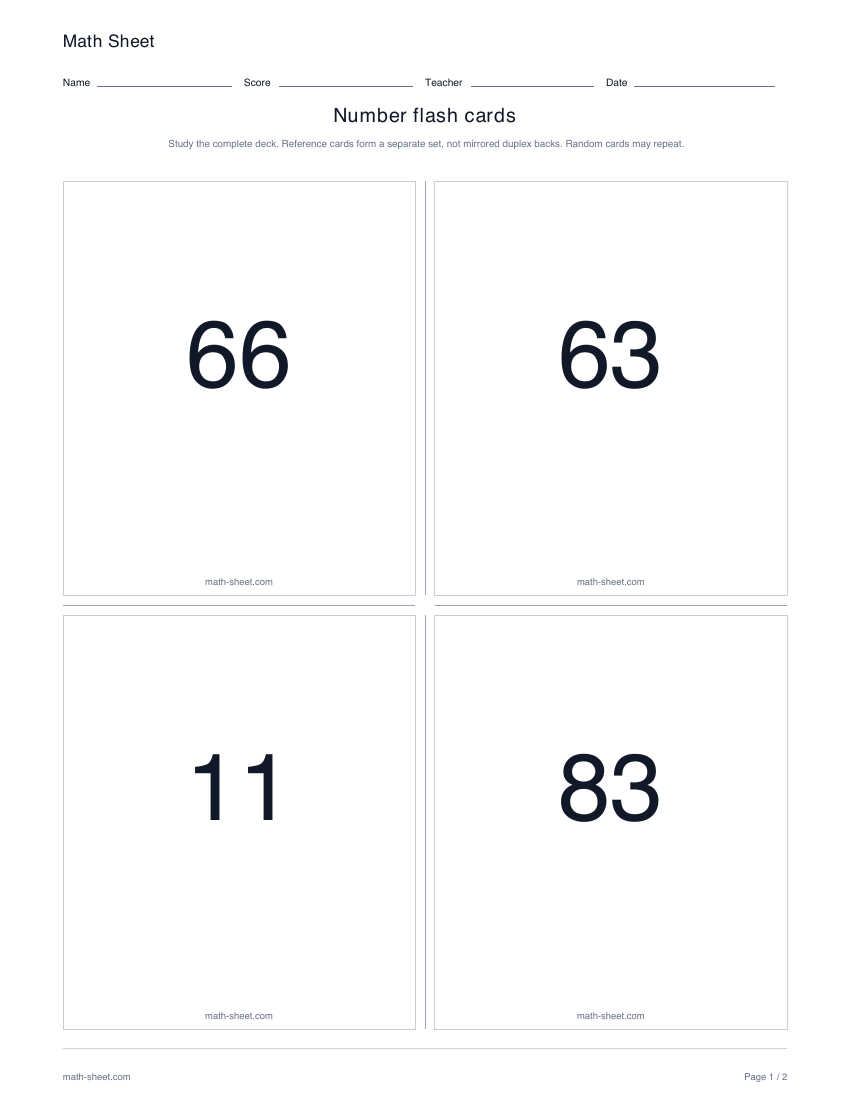 Printable number recognition flash cards worksheet preview