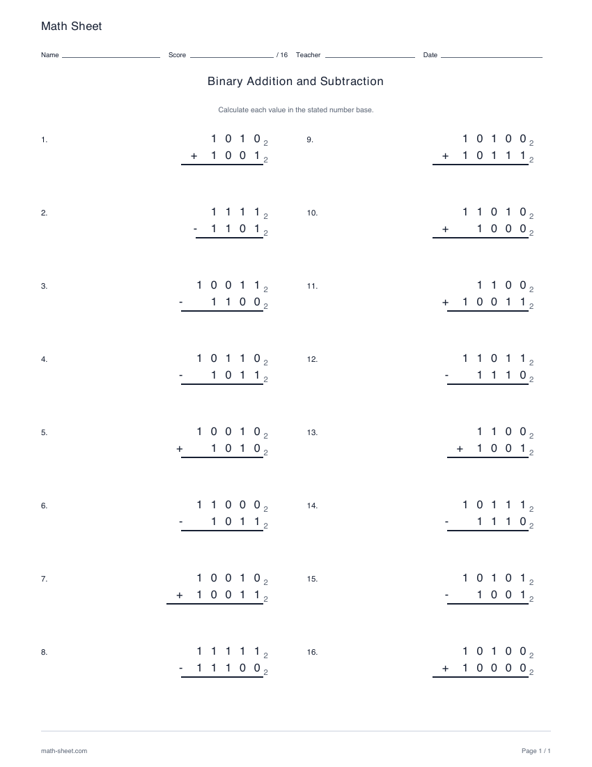 First page preview: Binary addition and subtraction worksheets