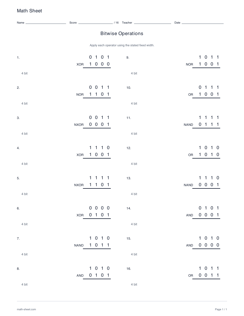 First page preview: Bitwise operations worksheets