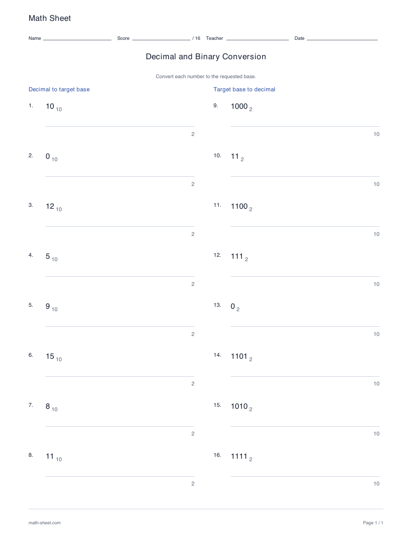 First page preview: Decimal and binary conversion worksheets