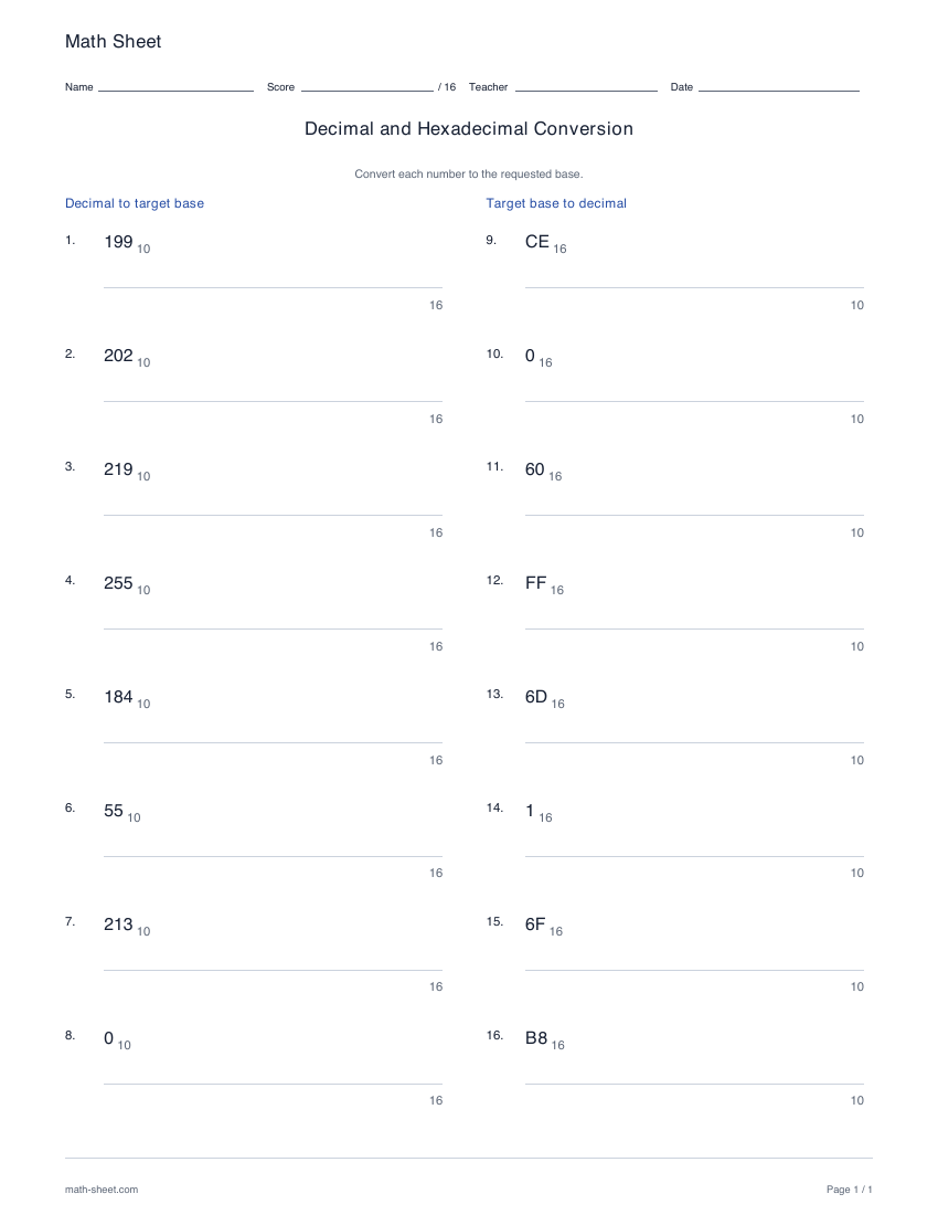 First page preview: Decimal and hexadecimal conversion worksheets