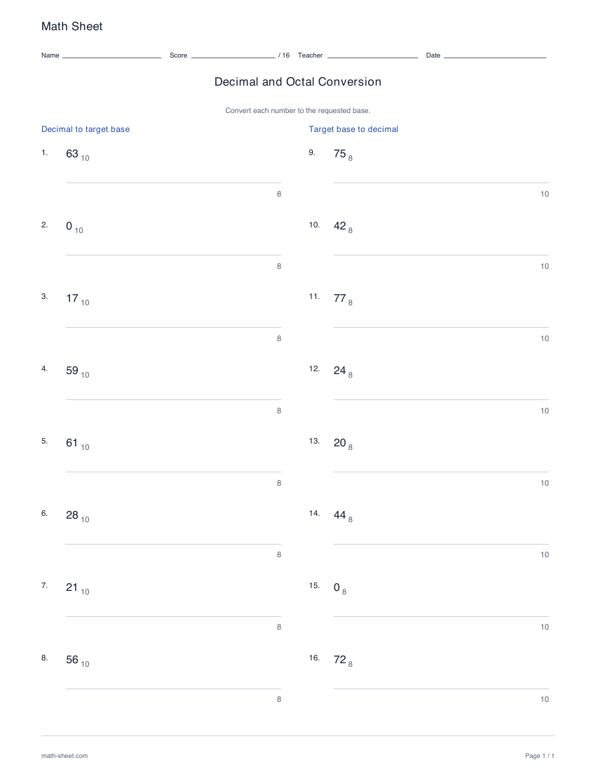 First page preview: Decimal and octal conversion worksheets