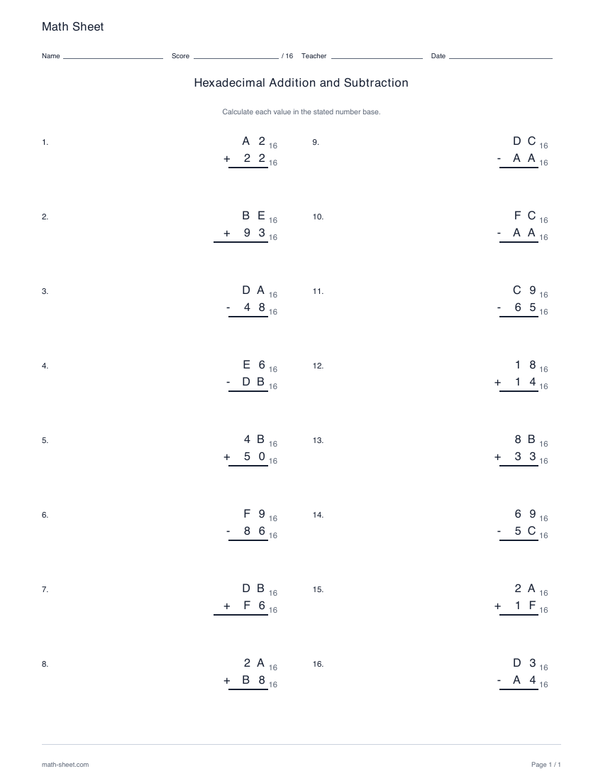 First page preview: Hexadecimal addition and subtraction worksheets