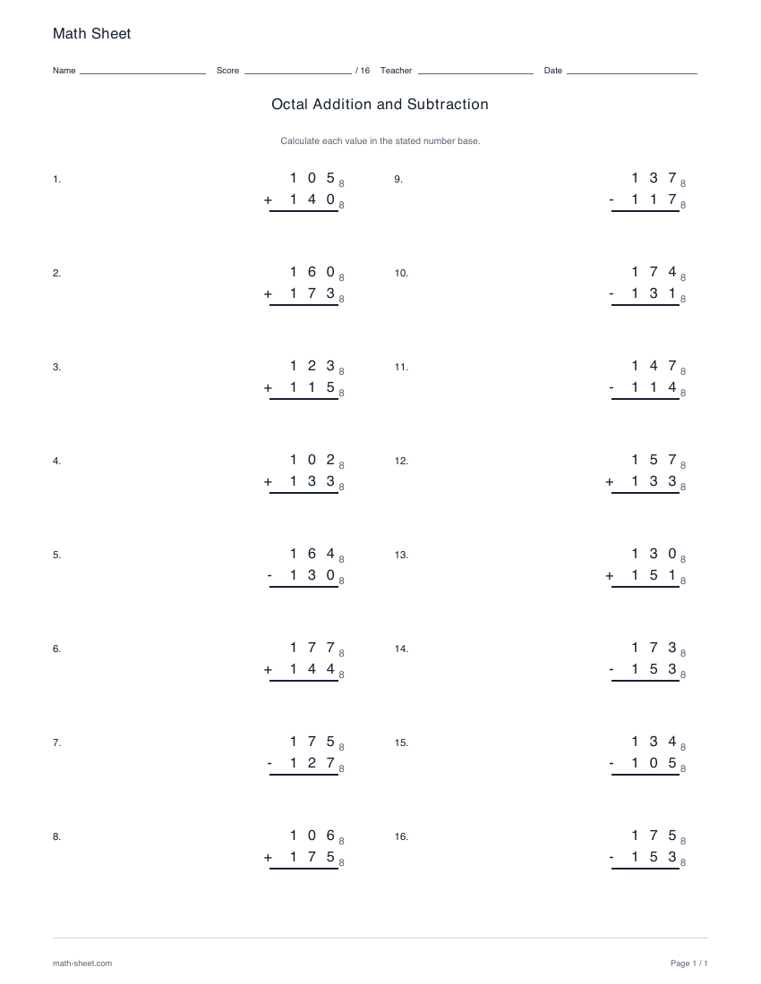 First page preview: Octal addition and subtraction worksheets