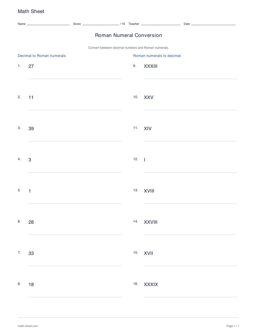 First page preview: Roman numeral conversion worksheets