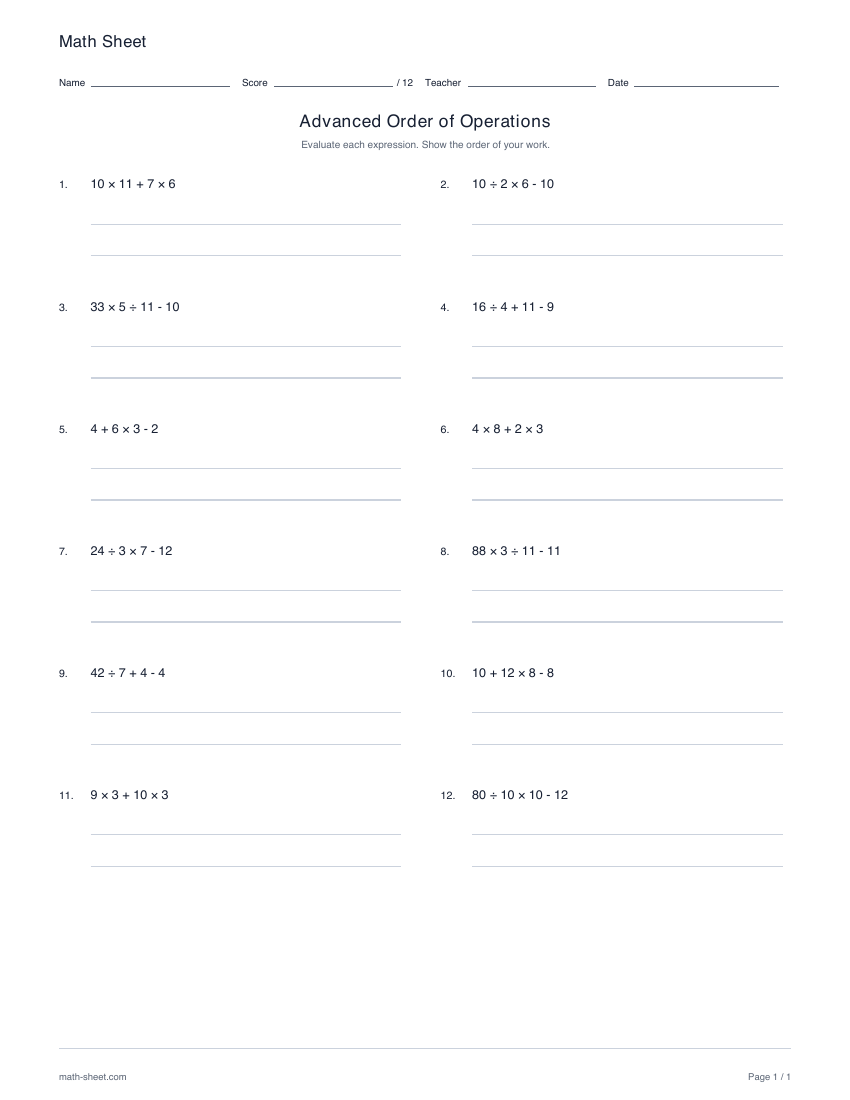 Printable advanced order of operations worksheets worksheet preview