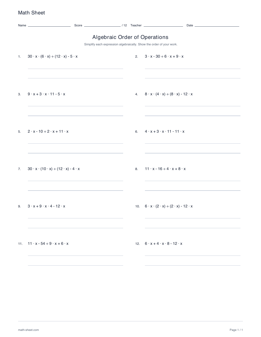 Printable algebraic order of operations worksheets worksheet preview