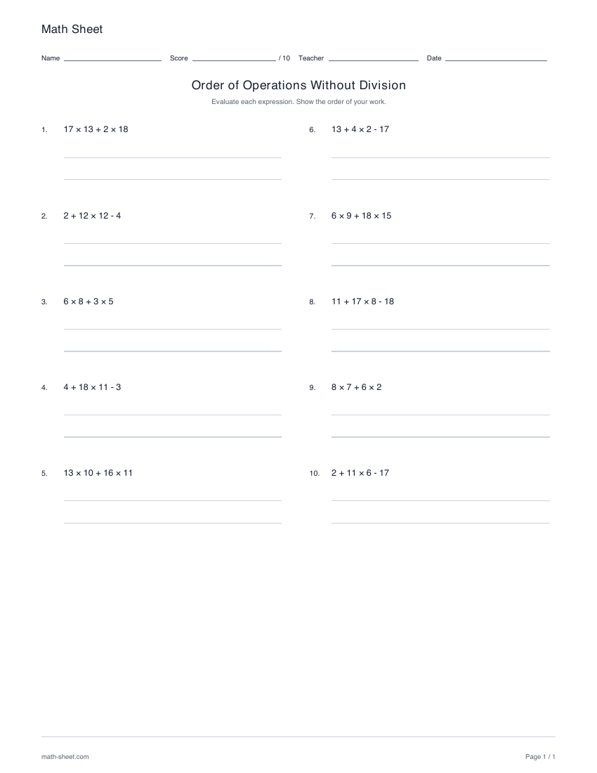 Printable order of operations without division worksheet preview