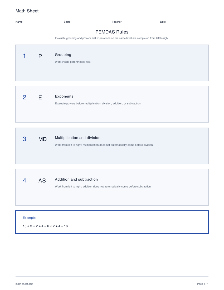 Printable pemdas rules chart worksheet preview