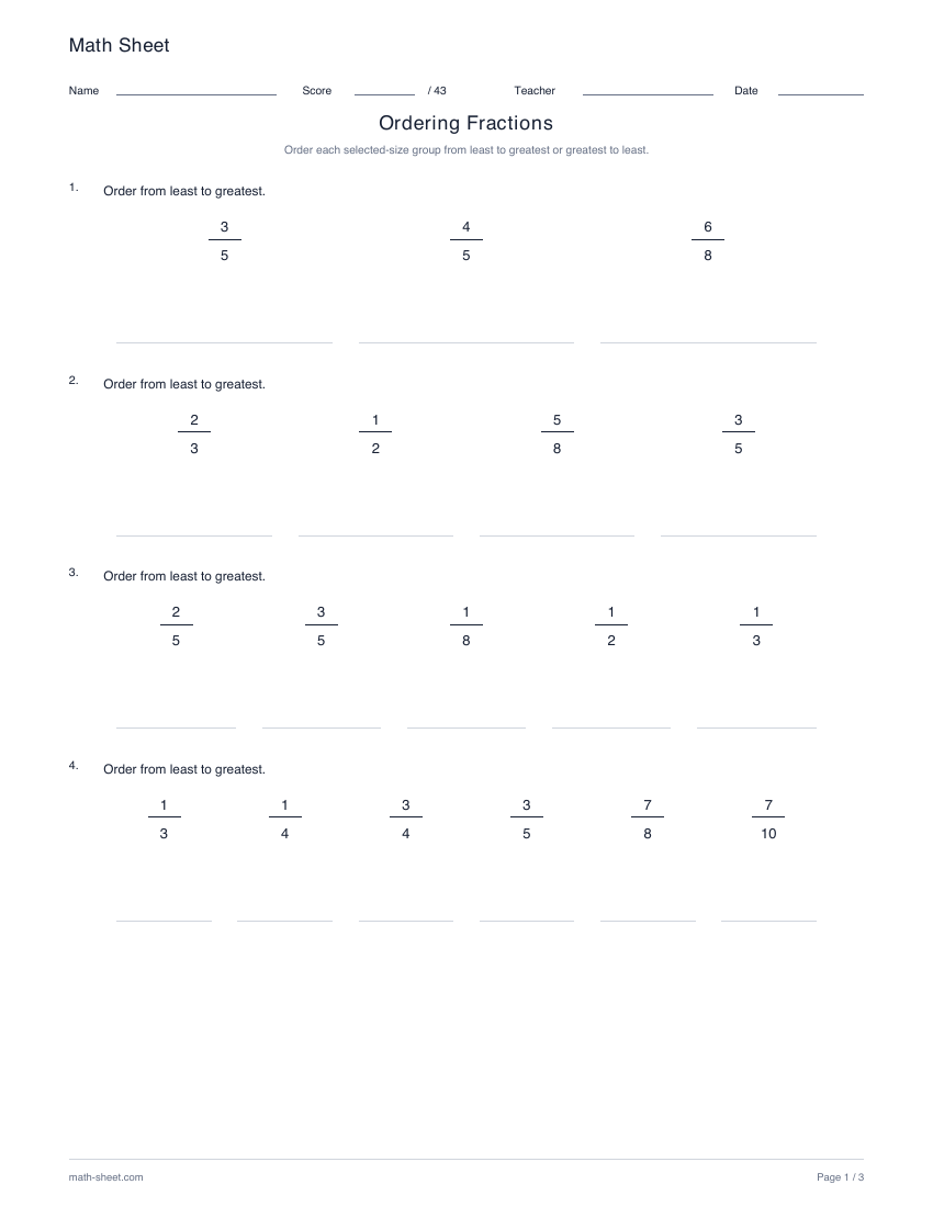 Printable order fractions worksheet preview
