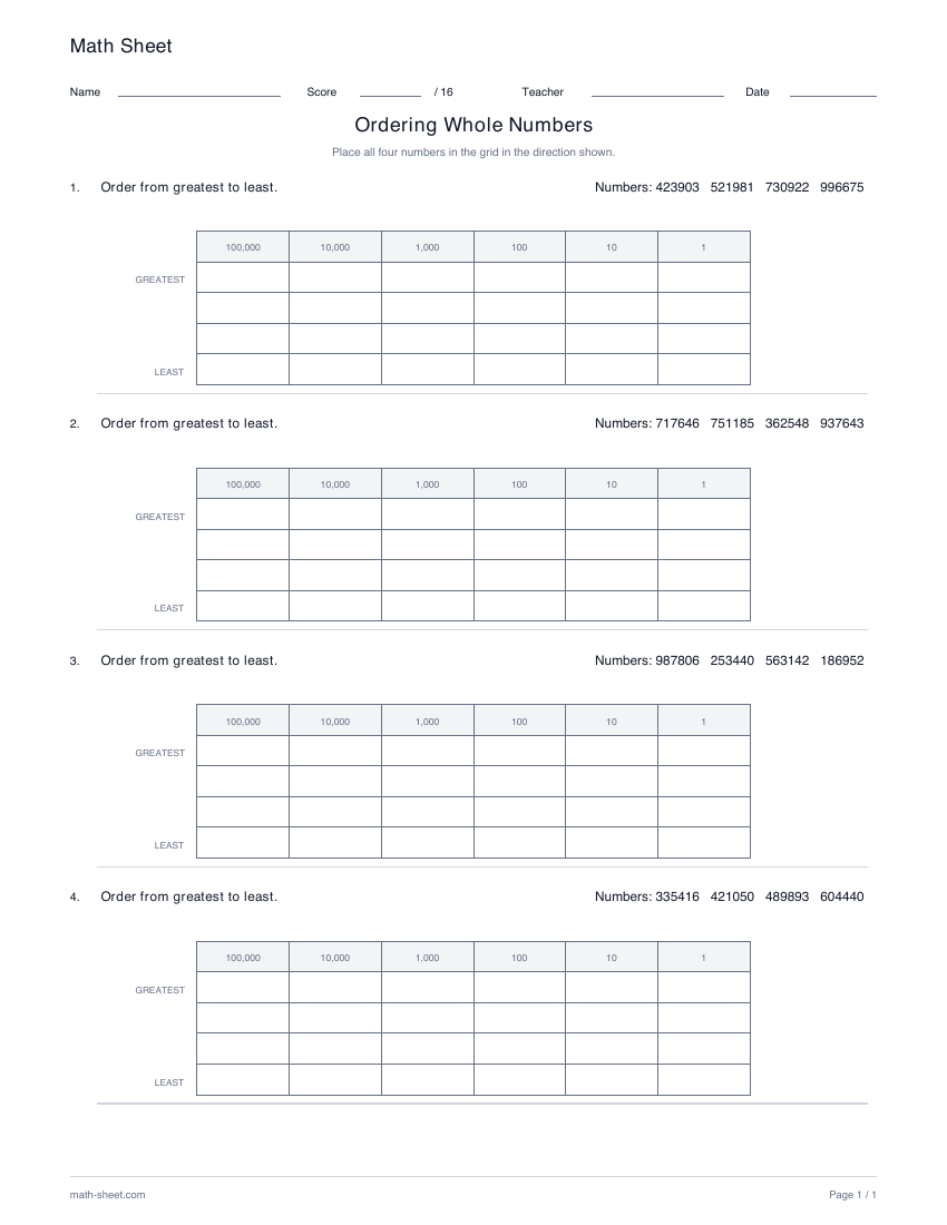 Printable order whole numbers worksheet preview