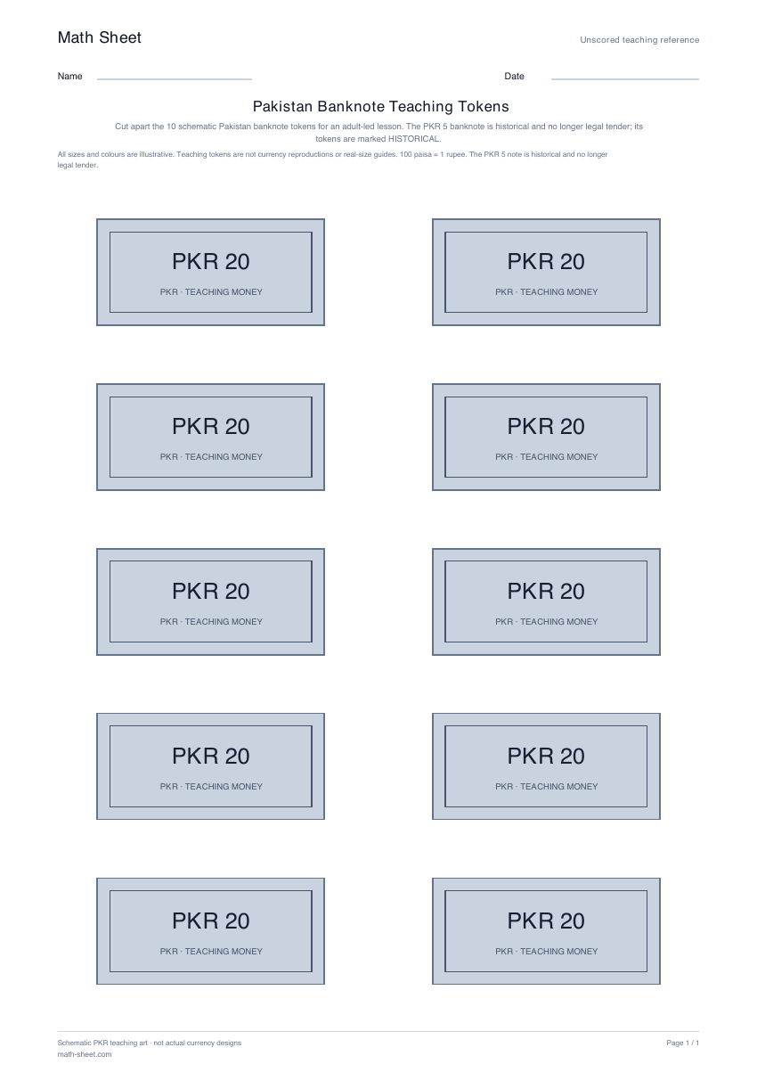 Printable pakistan banknote teaching tokens worksheet preview