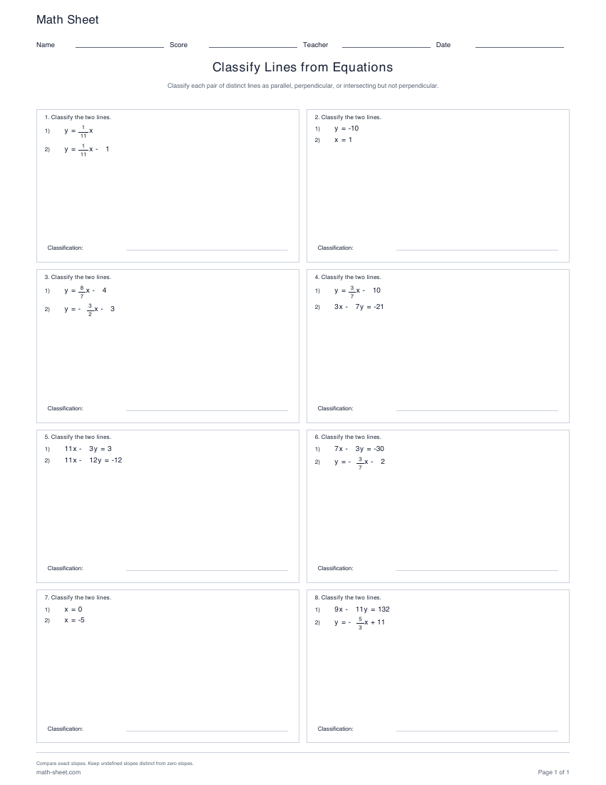 First page preview: Classify Lines from Equations Worksheets