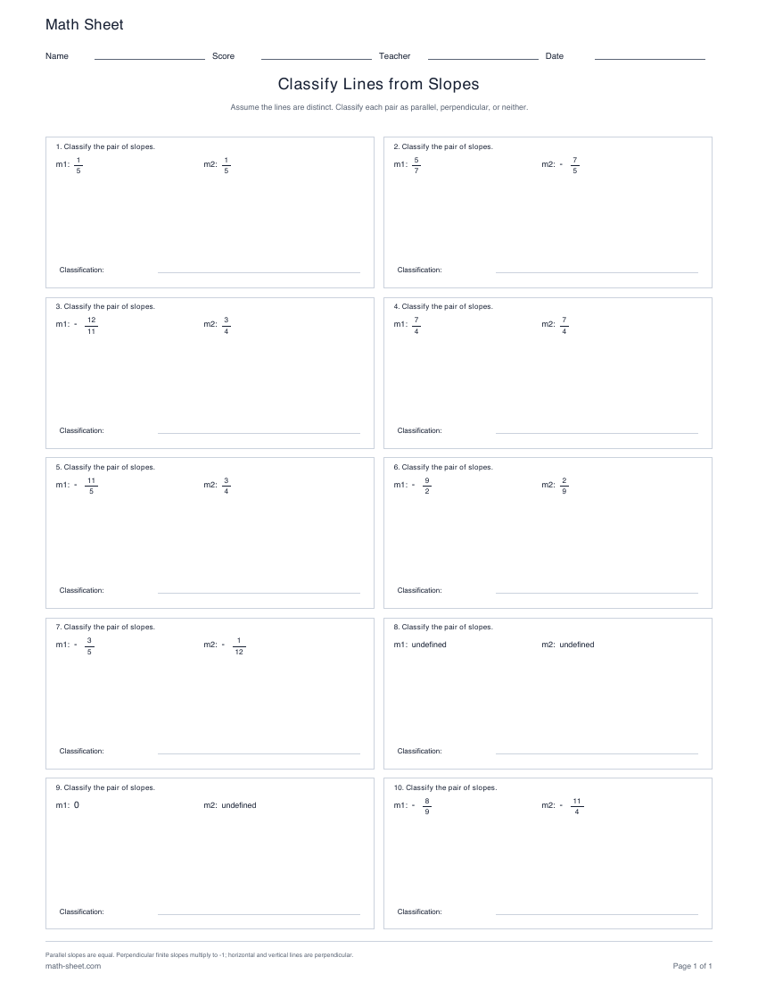 First page preview: Classify Lines from Slopes Worksheets